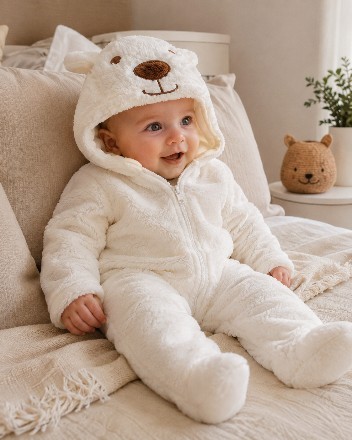 Combinaison bébé à capuche, motif ours